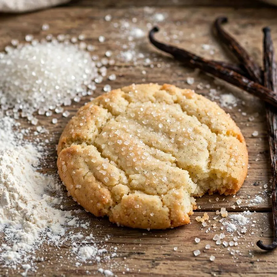 Vanilla sugar cookie beside vanilla beans, sugar crystals and flour on a wooden table