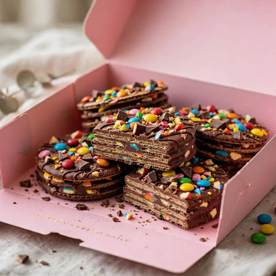 Wafer chocolate cookie with candy pieces in a pink Crumbl bakery box