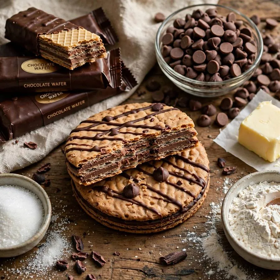 Wafer chocolate cookie with wafer candy bars, chocolate chips and butter on a wooden table