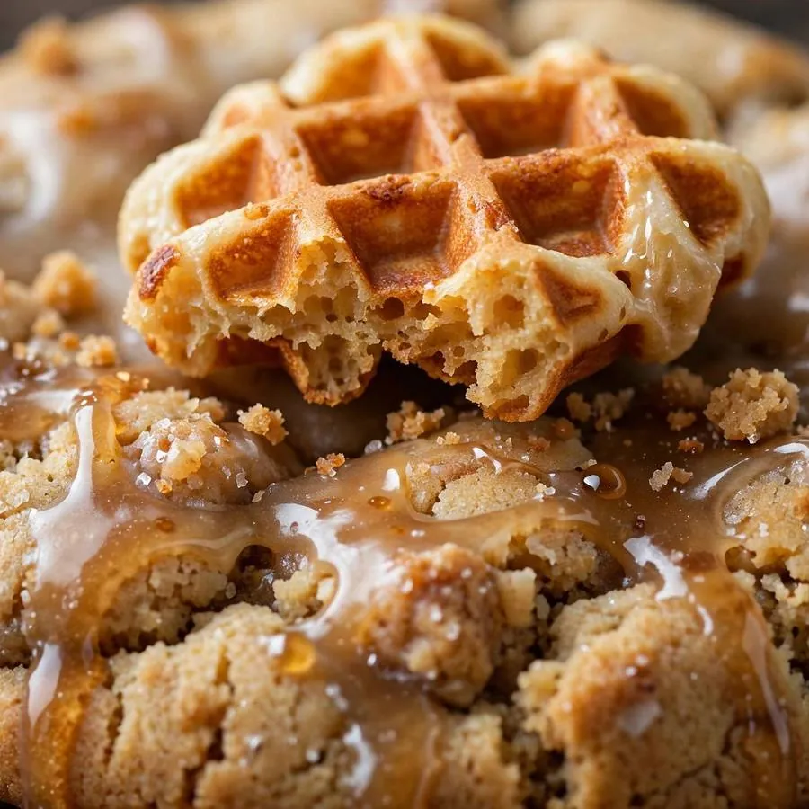 Extreme close-up of the Waffle Crumbl Cookie showing mini waffle piece with maple glaze detail