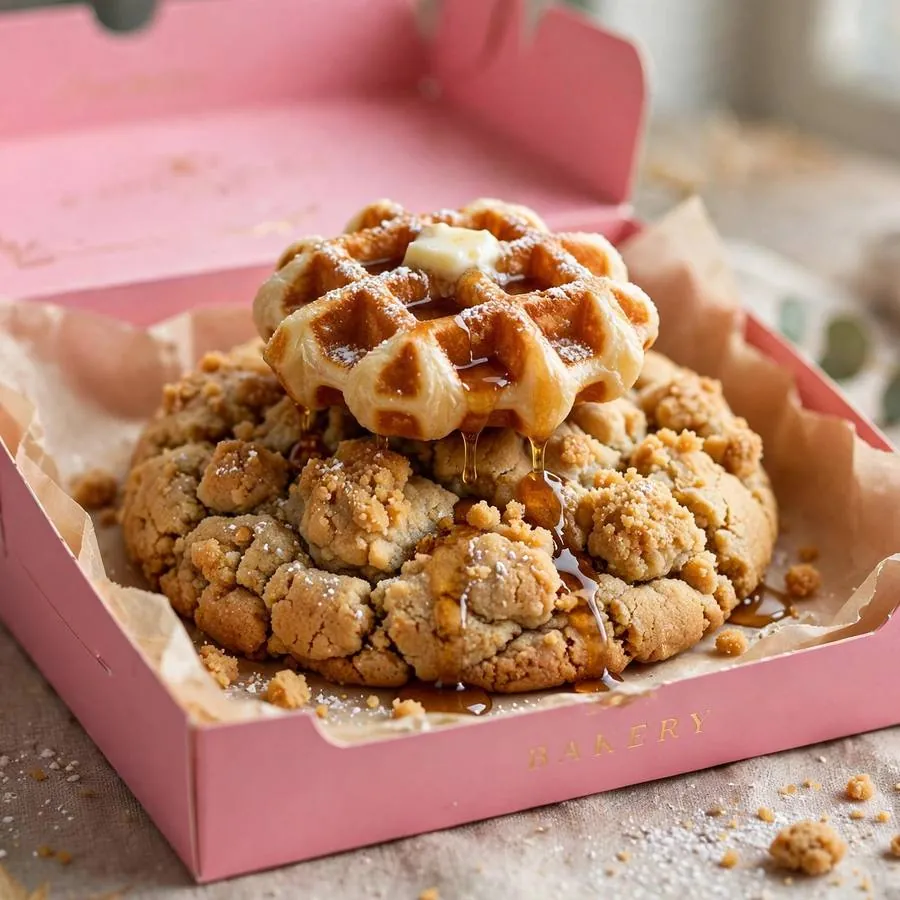 Waffle Crumbl Cookie served in a pink bakery box