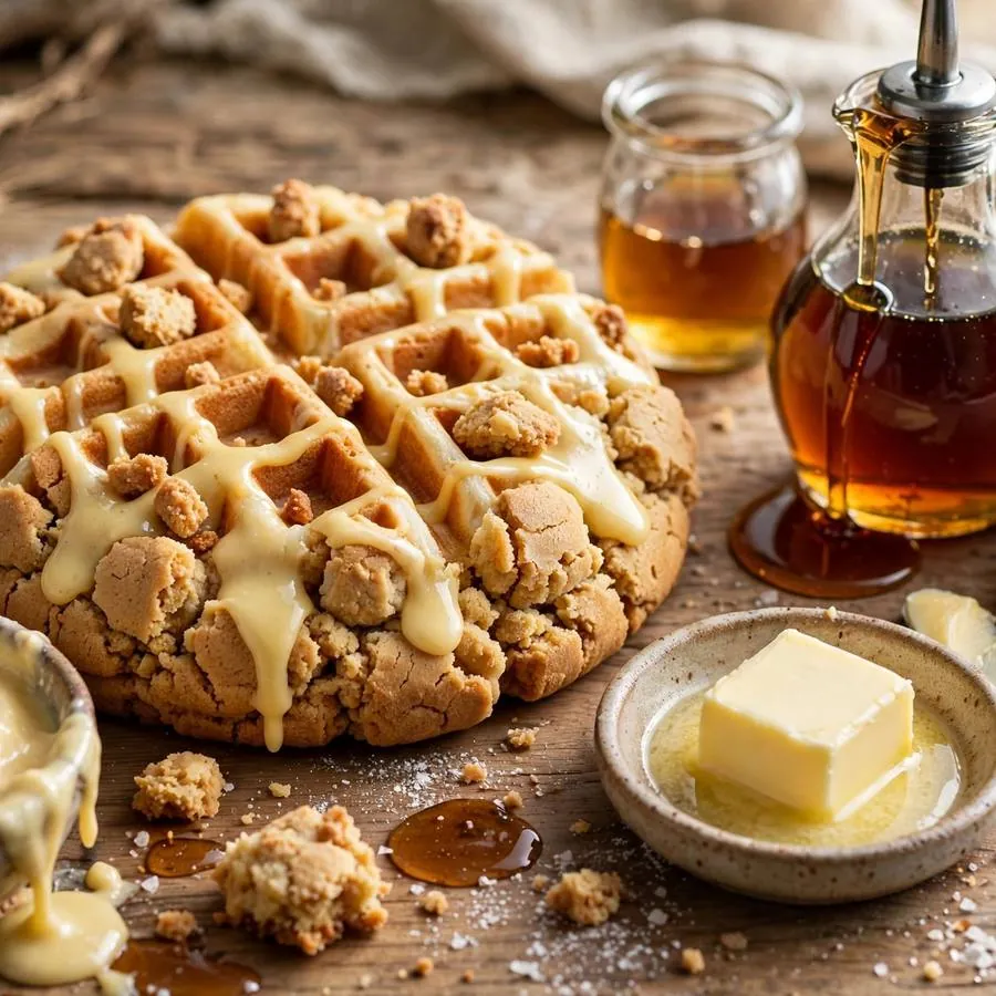 Waffle Crumbl Cookie with waffle batter, maple syrup and butter arranged on a rustic wooden table