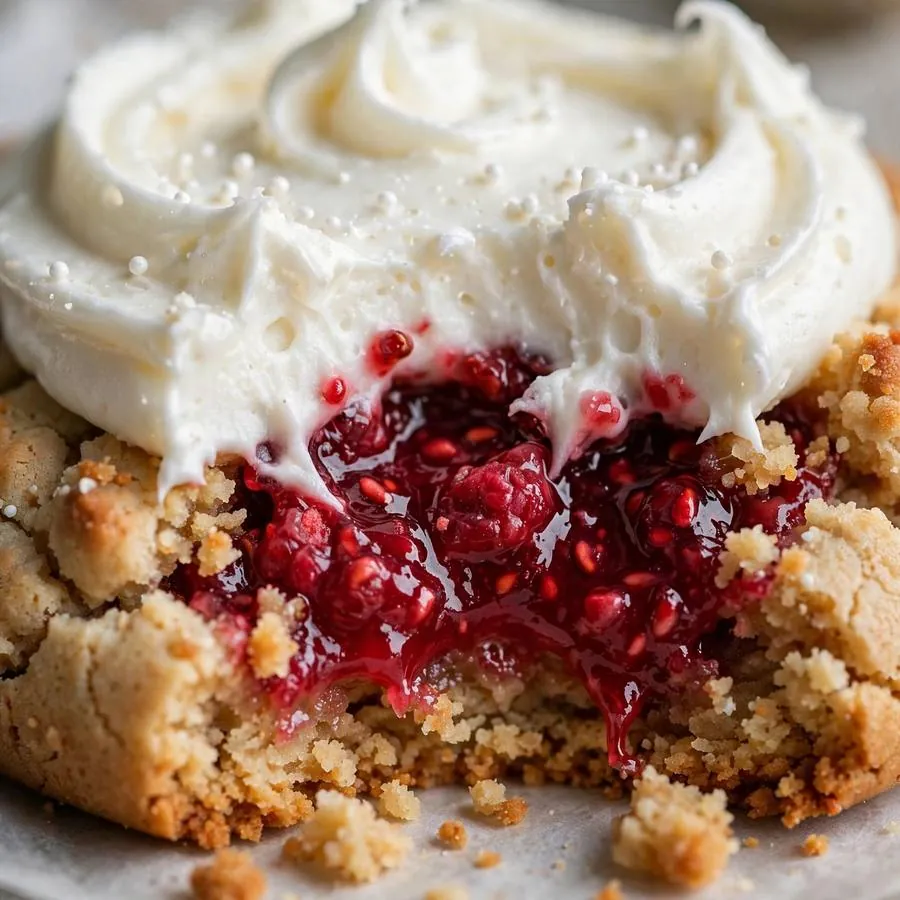 White frosting and raspberry filling on Wedding Cake Crumbl Cookie