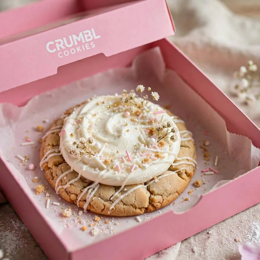Wedding Cake Crumbl Cookie in a pink bakery box