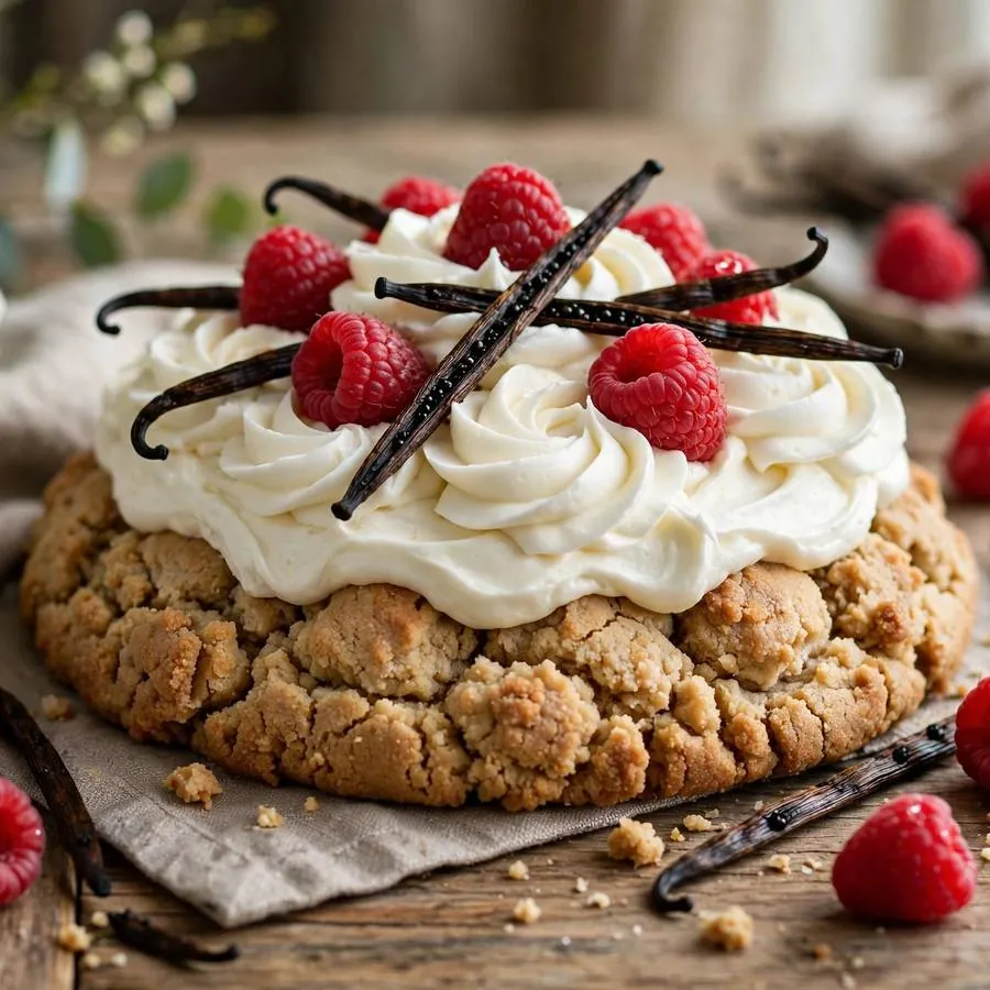 Wedding Cake Crumbl Cookie with white frosting, raspberries and vanilla beans
