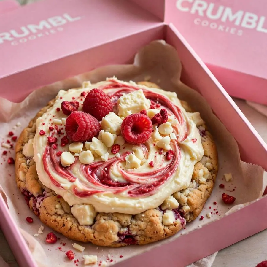 White Chocolate Raspberry Cheesecake cookie in a pink bakery box