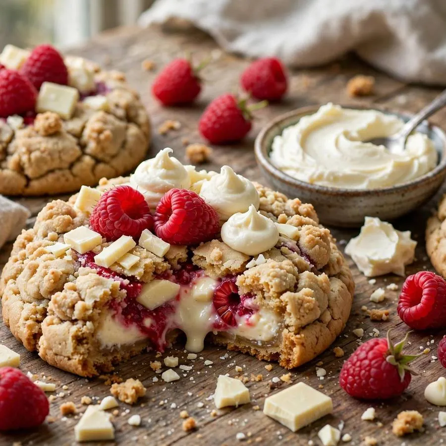 White Chocolate Raspberry Cheesecake cookie with raspberries and white chocolate on a wooden table