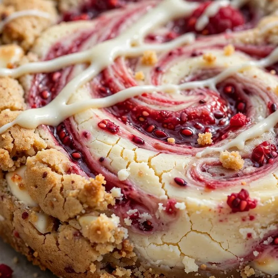 Extreme close-up of white chocolate drizzle and raspberry swirl on a cheesecake cookie