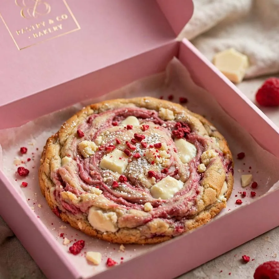 White chocolate raspberry cheesecake cookie served in a pink bakery box