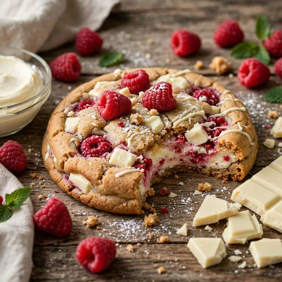 White chocolate raspberry cheesecake cookie beside a white chocolate bar, fresh raspberries and cream cheese on a wooden table