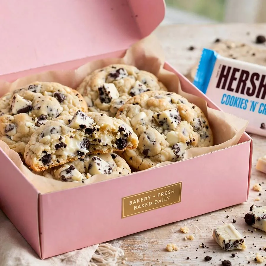 White Drop Cookie ft Hershey's Cookies 'n' Creme in a pink bakery box White Drop Cookie ft Hershey's Cookies 'n' Creme in a pink bakery box